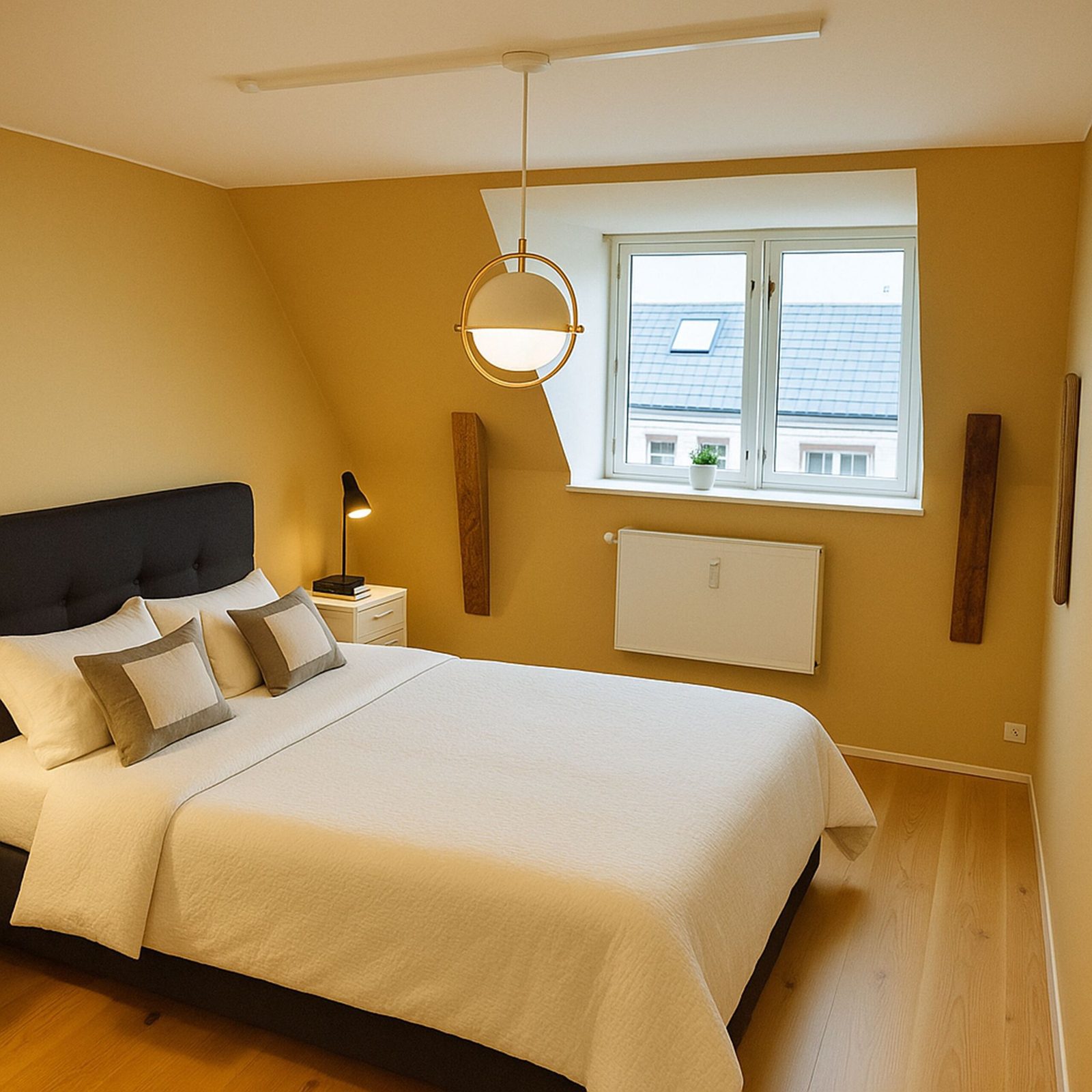 Principal bedroom with ochre walls and dormer window