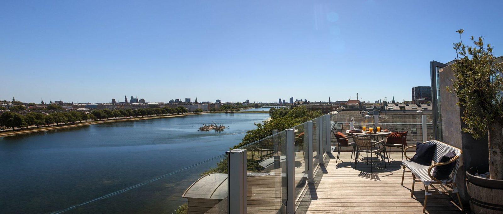 Panorama across the lakes from the private rooftop terrace