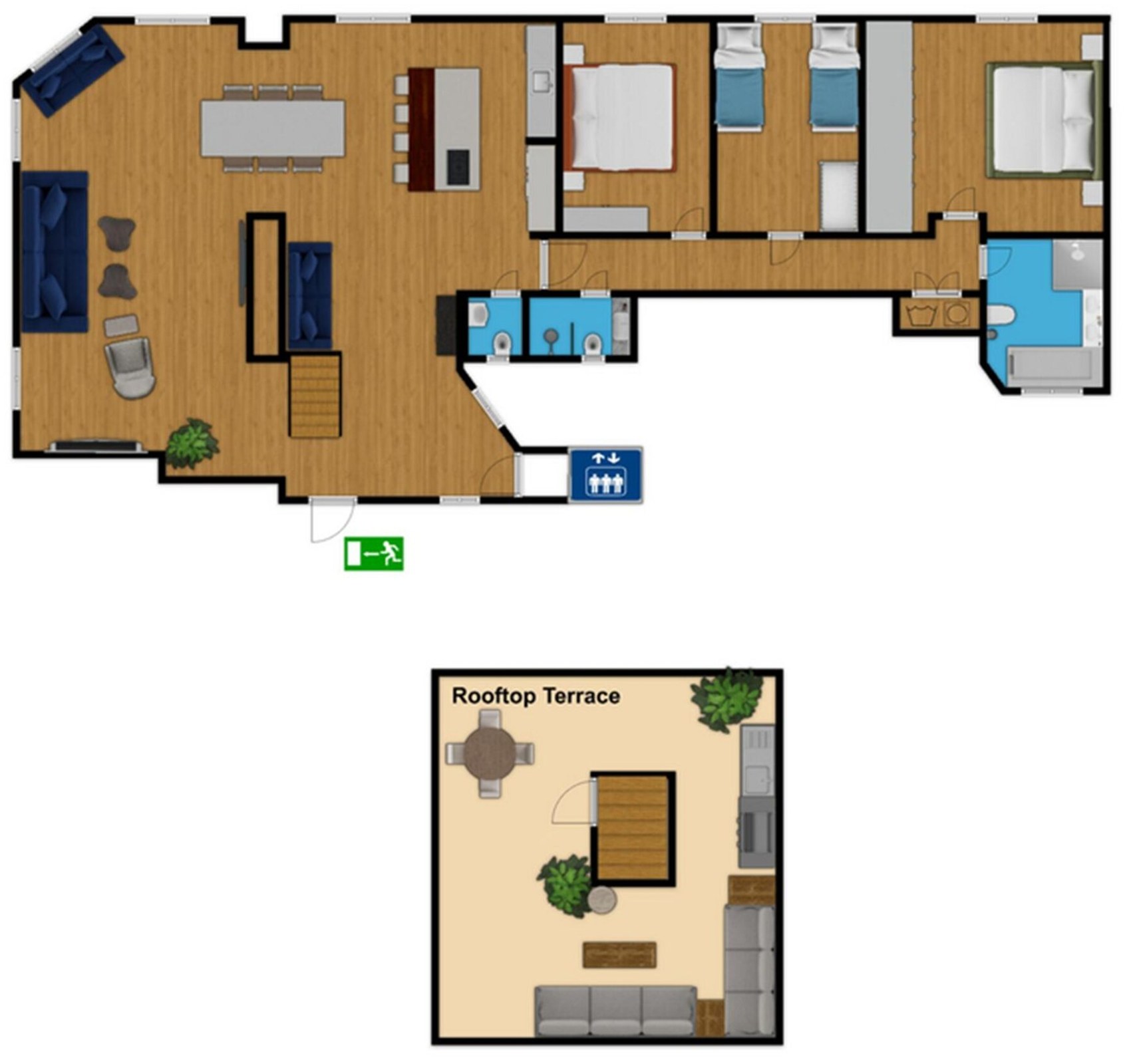 Floor plan of the penthouse and its rooftop terrace